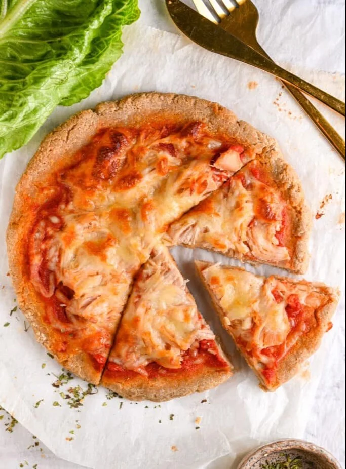 Delicious protein pizza loaded with toppings, perfect for a healthy meal.
