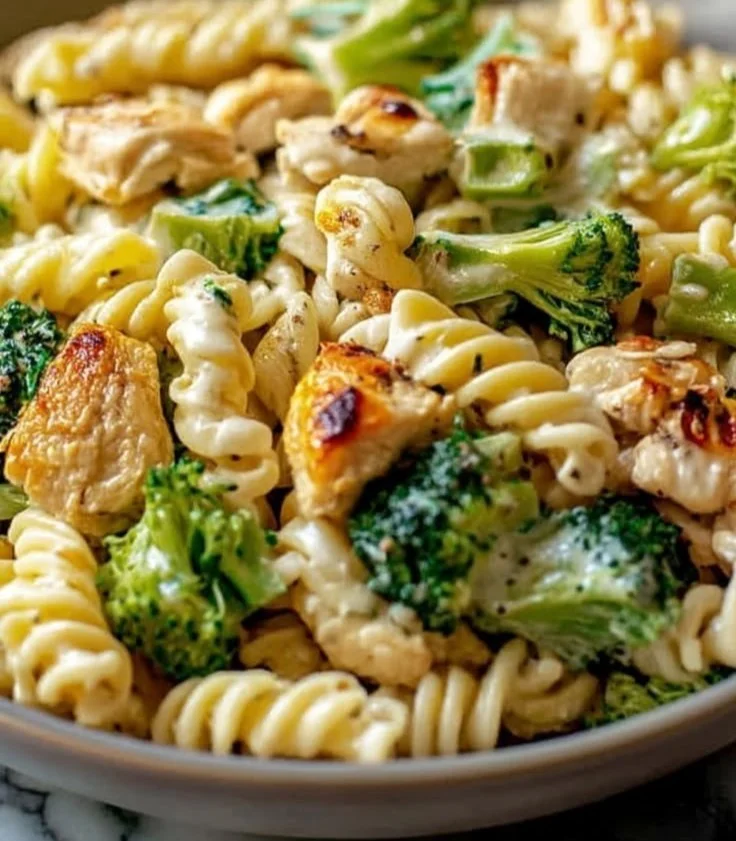Delicious rotisserie chicken and broccoli pasta dish served in a bowl