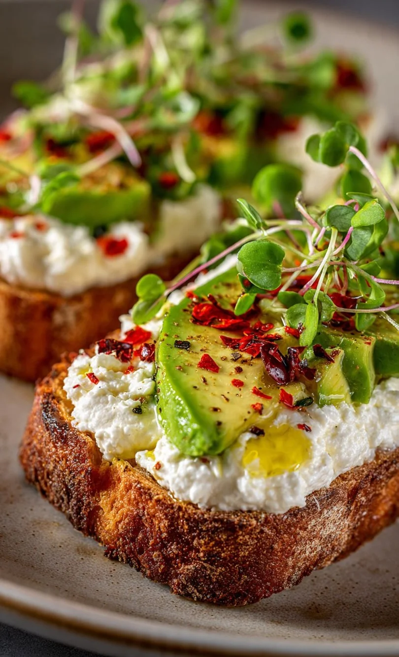 Savory cottage cheese toast topped with fresh herbs and vegetables