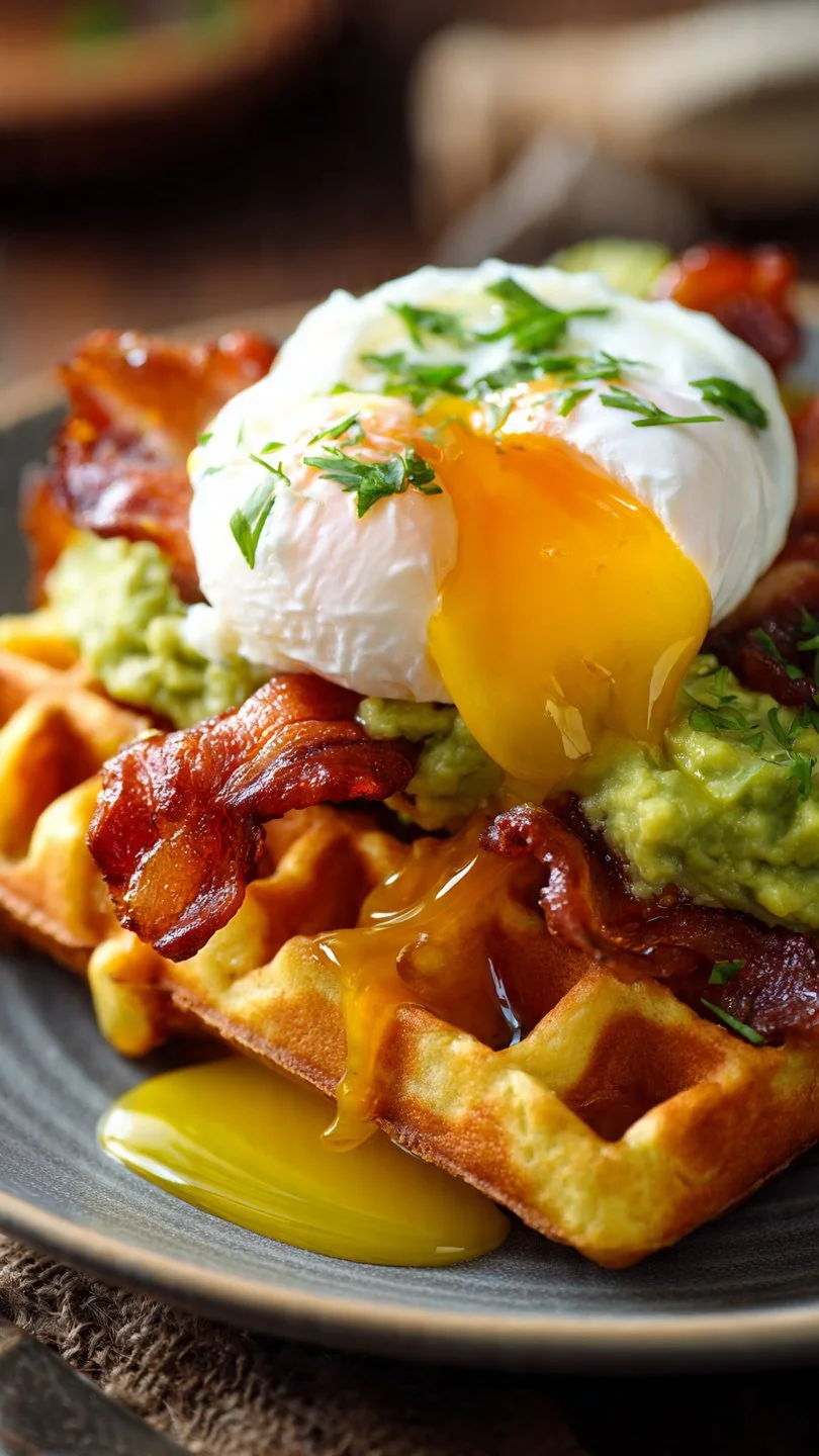 Savory protein waffles topped with egg and bacon for a nutritious breakfast