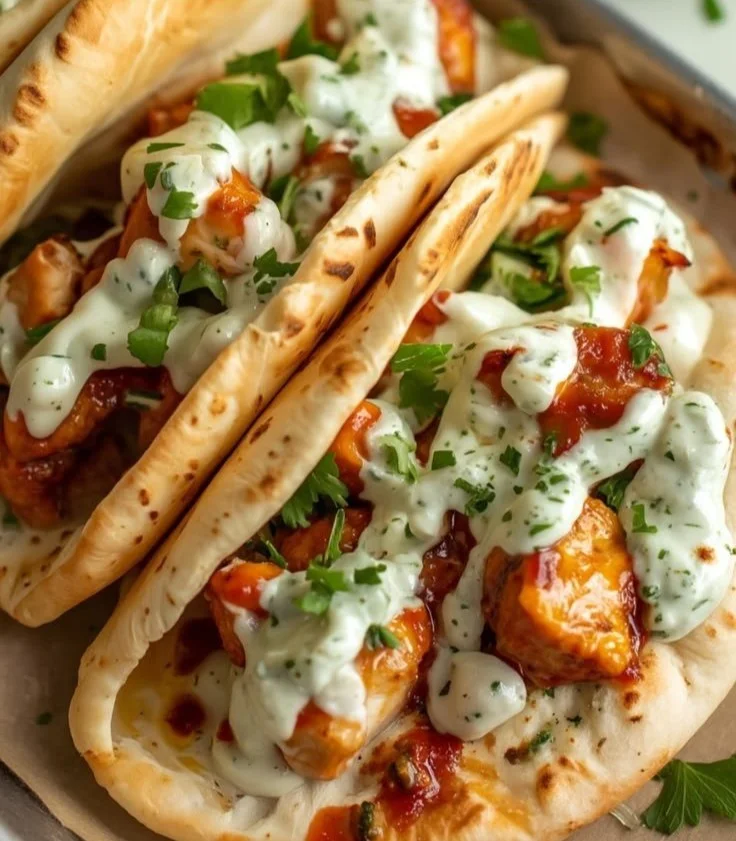 Delicious sheet pan chicken pitas served with fresh vegetables and sauces.