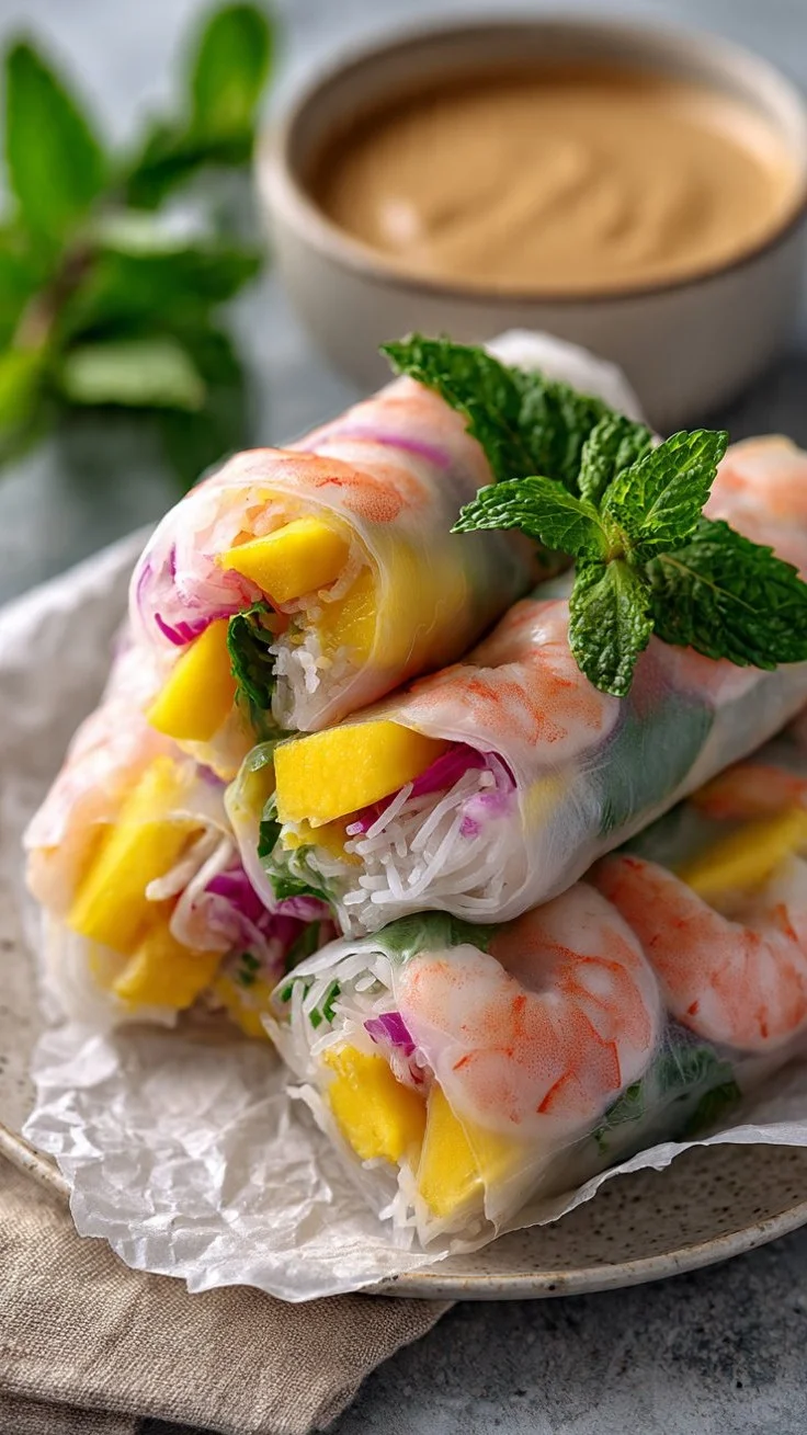 Delicious shrimp mango rolls garnished with fresh herbs and served on a plate