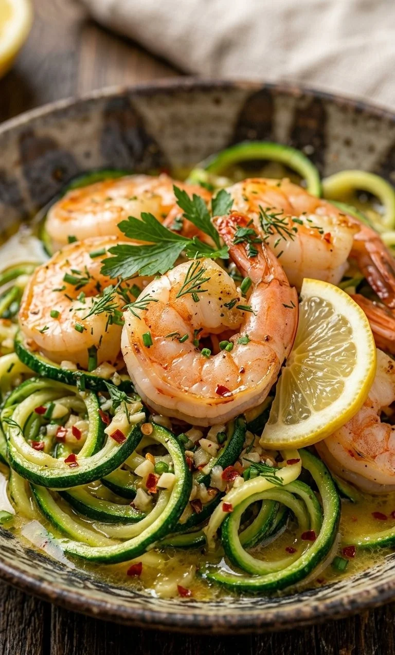 Delicious Shrimp Scampi served with zucchini noodles on a plate