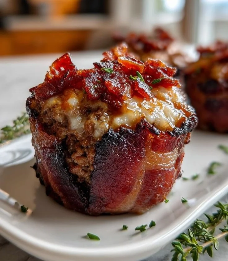 Smoky bourbon BBQ meatloaf cupcakes topped with flavorful barbecue sauce.