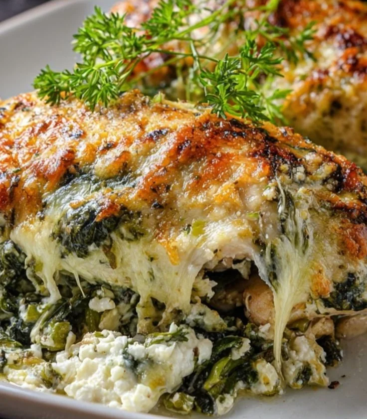 Spinach and Feta Baked Chicken served on a plate with fresh herbs