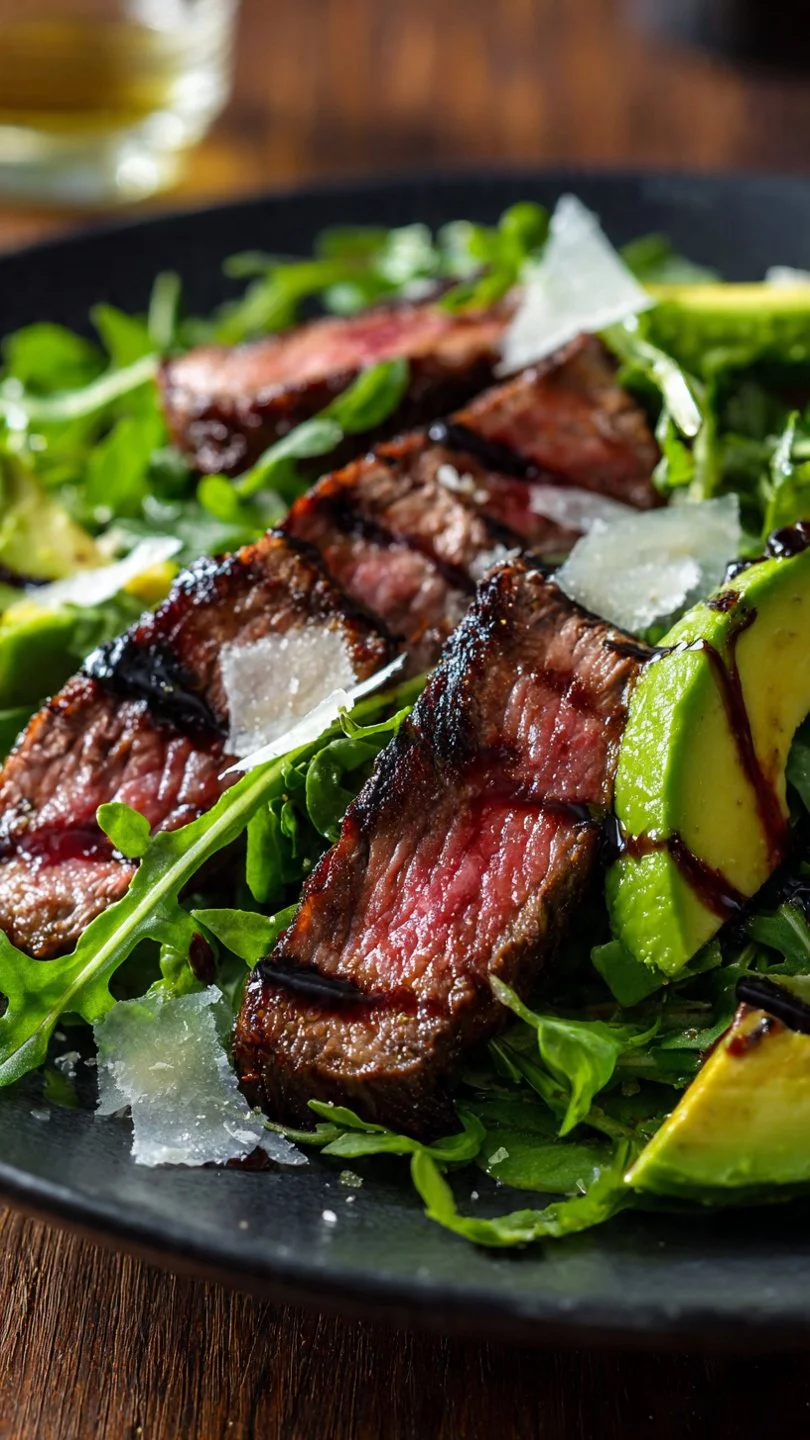 Steak and avocado arugula salad served in a bowl