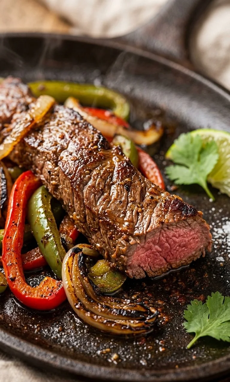 Delicious Steak Fajita Skillet prepared with fresh vegetables and seasoning