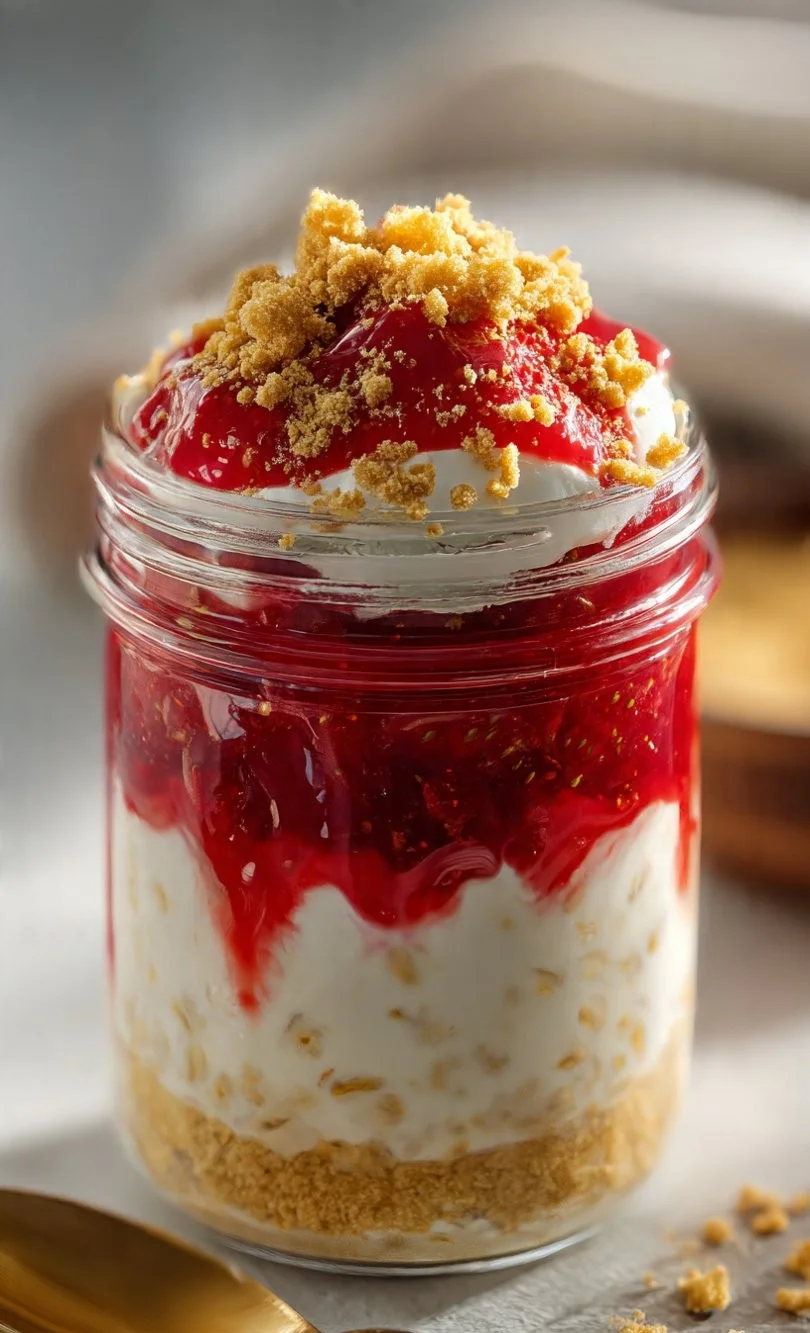 Delicious strawberry cheesecake overnight oats in a bowl with fresh strawberries.