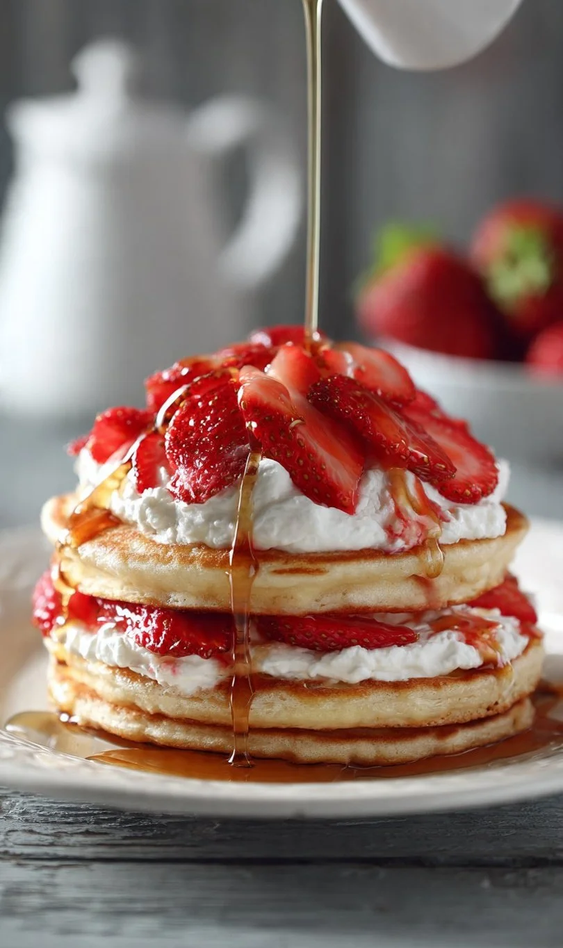 Strawberry Cheesecake Protein Pancakes topped with strawberries and syrup