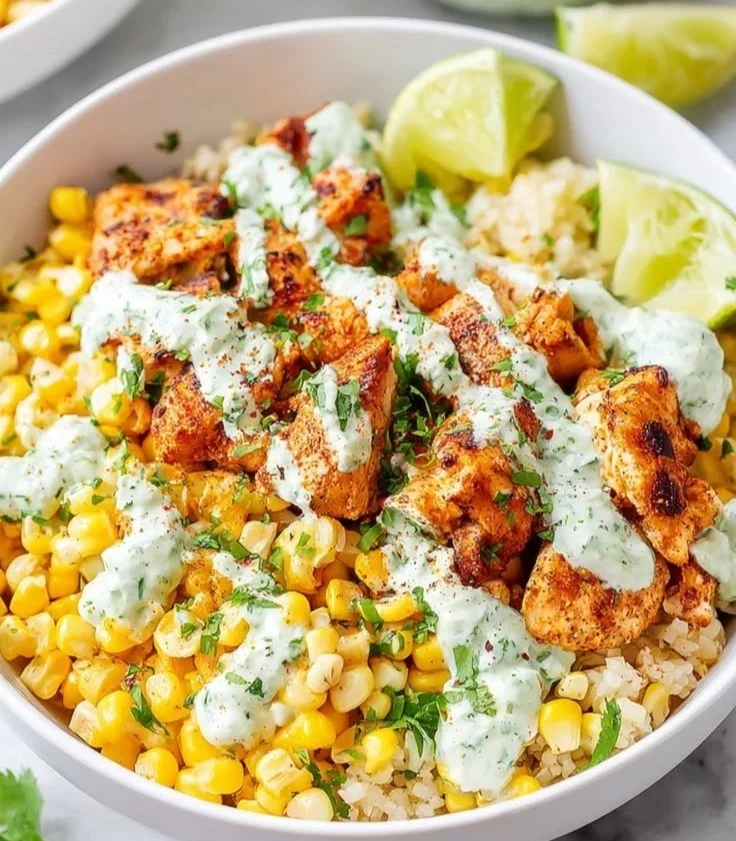Delicious Street Corn Chicken Bowl topped with fresh ingredients and cheese