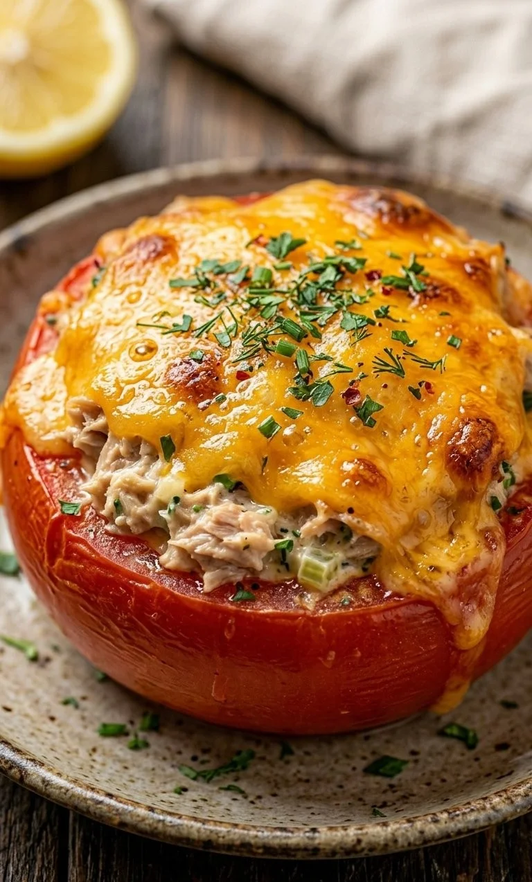 Tuna melt stuffed tomatoes fresh and ready to serve