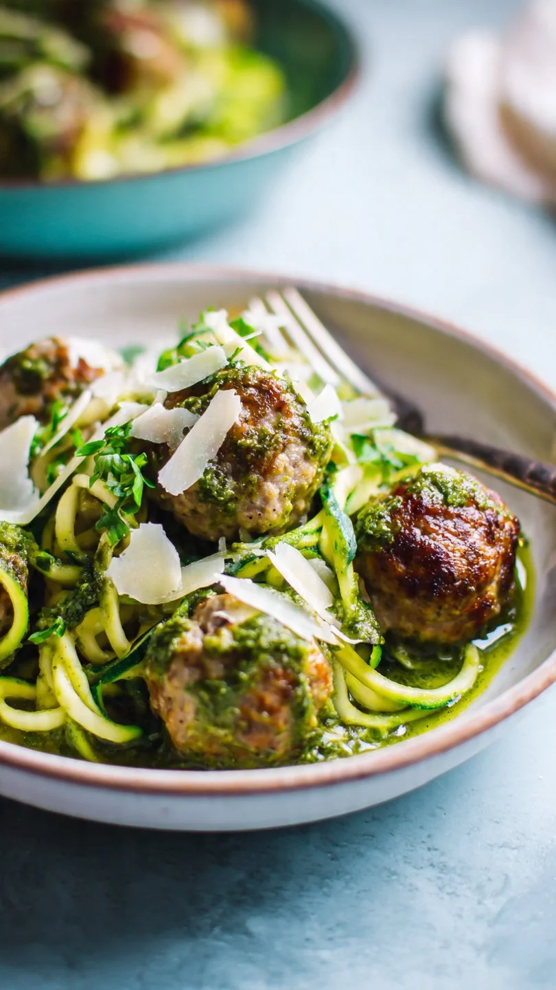 Turkey meatballs served over pesto zoodles in a colorful dish