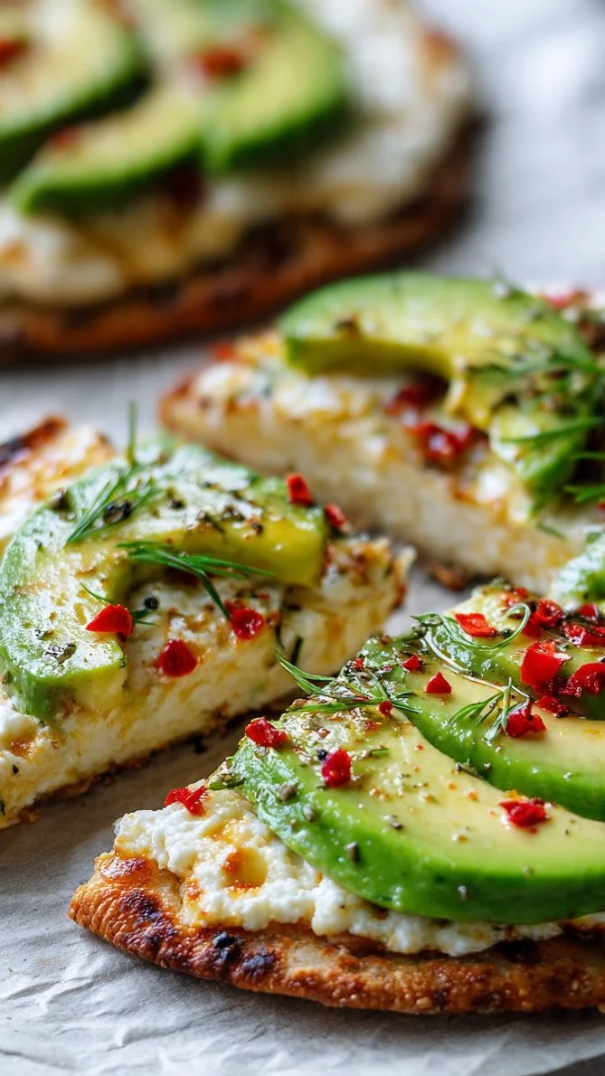 Viral cottage cheese flatbread served on a wooden board with toppings.