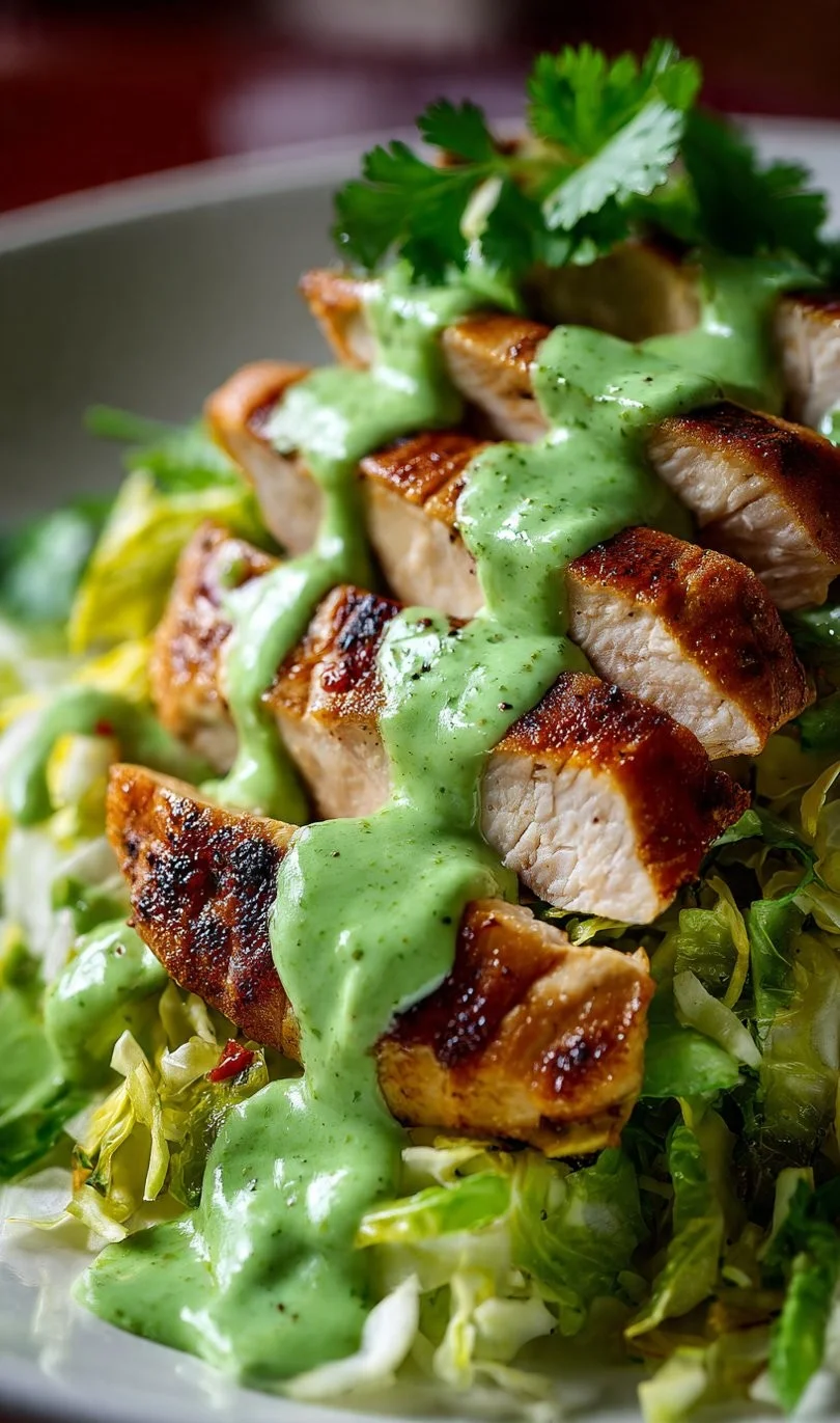 Viral Green Goddess Salad with Grilled Chicken, topped with fresh herbs and greens