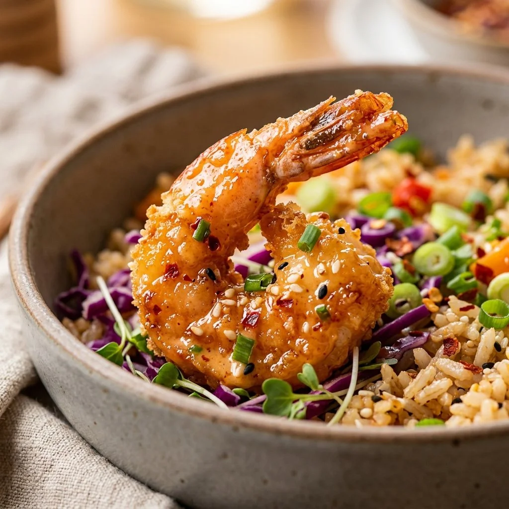 Delicious Air Fryer Bang Bang Shrimp served in a bowl with fresh ingredients.