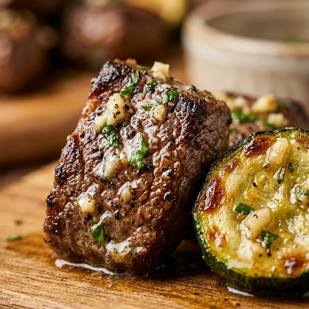 Bowl of air fryer garlic butter sirloin bites with zucchini on a wooden table
