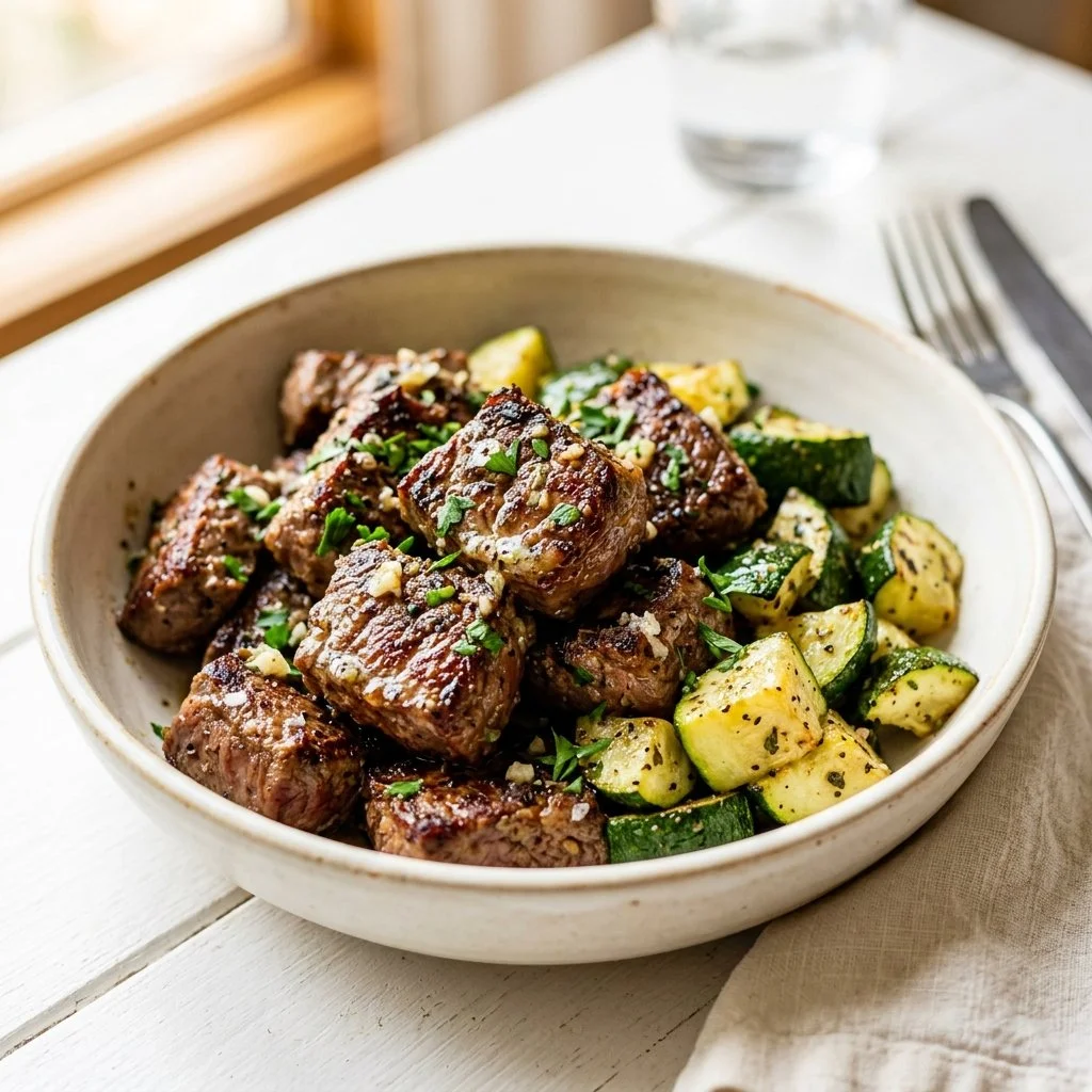 Air Fryer Garlic Butter Sirloin Bites with Zucchini