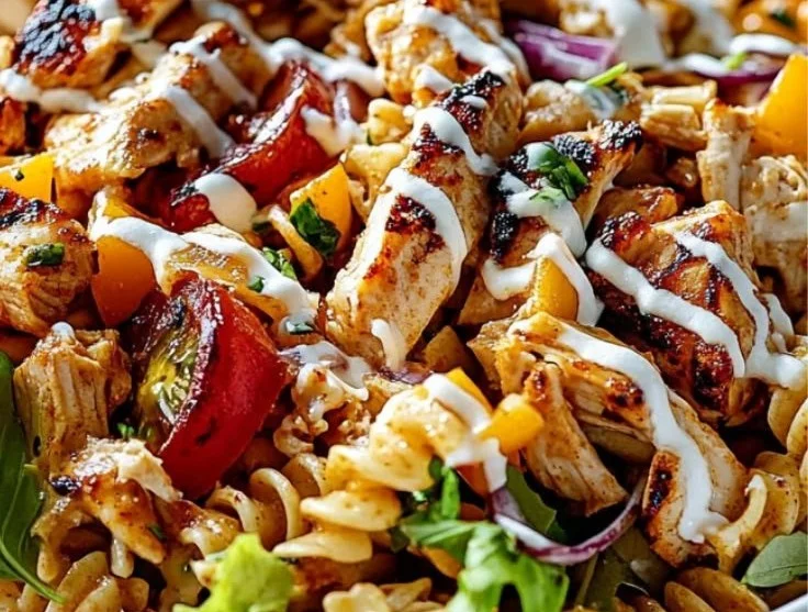 Delicious BBQ Chicken Ranch Pasta Salad served in a bowl with fresh ingredients