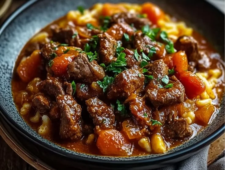 A delicious plate of Beef Giouvetsi with tender beef and orzo in a rich sauce.