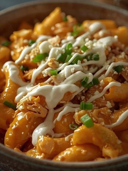 High protein Buffalo Chicken Mac & Cheese in a creamy bowl