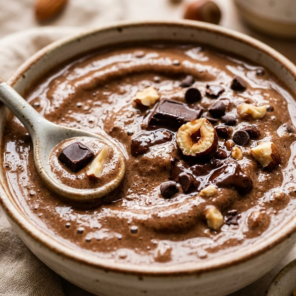 Chilled espresso protein smoothie bowl topped with fresh fruits and nuts.