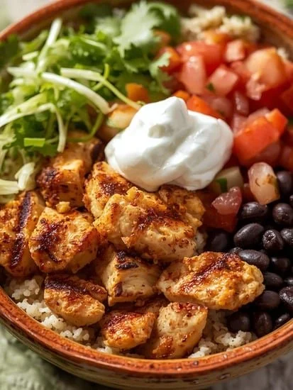 Chipotle-style chicken burrito bowl with fresh ingredients and vibrant flavors