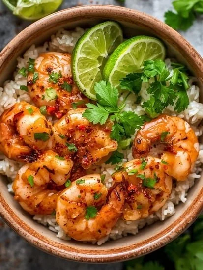 Cilantro lime shrimp rice bowl topped with fresh cilantro and lime slices