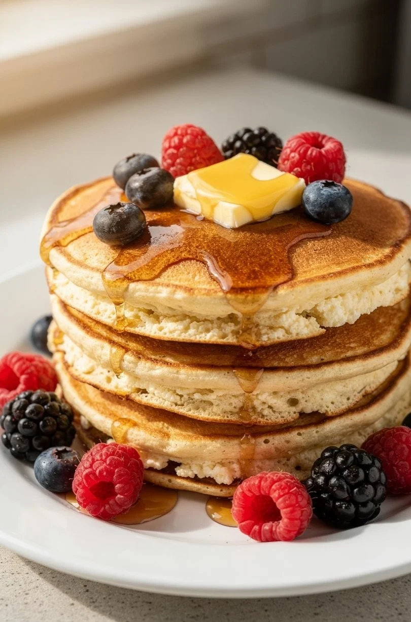 Fluffy cottage cheese protein pancakes served with fresh berries and syrup.