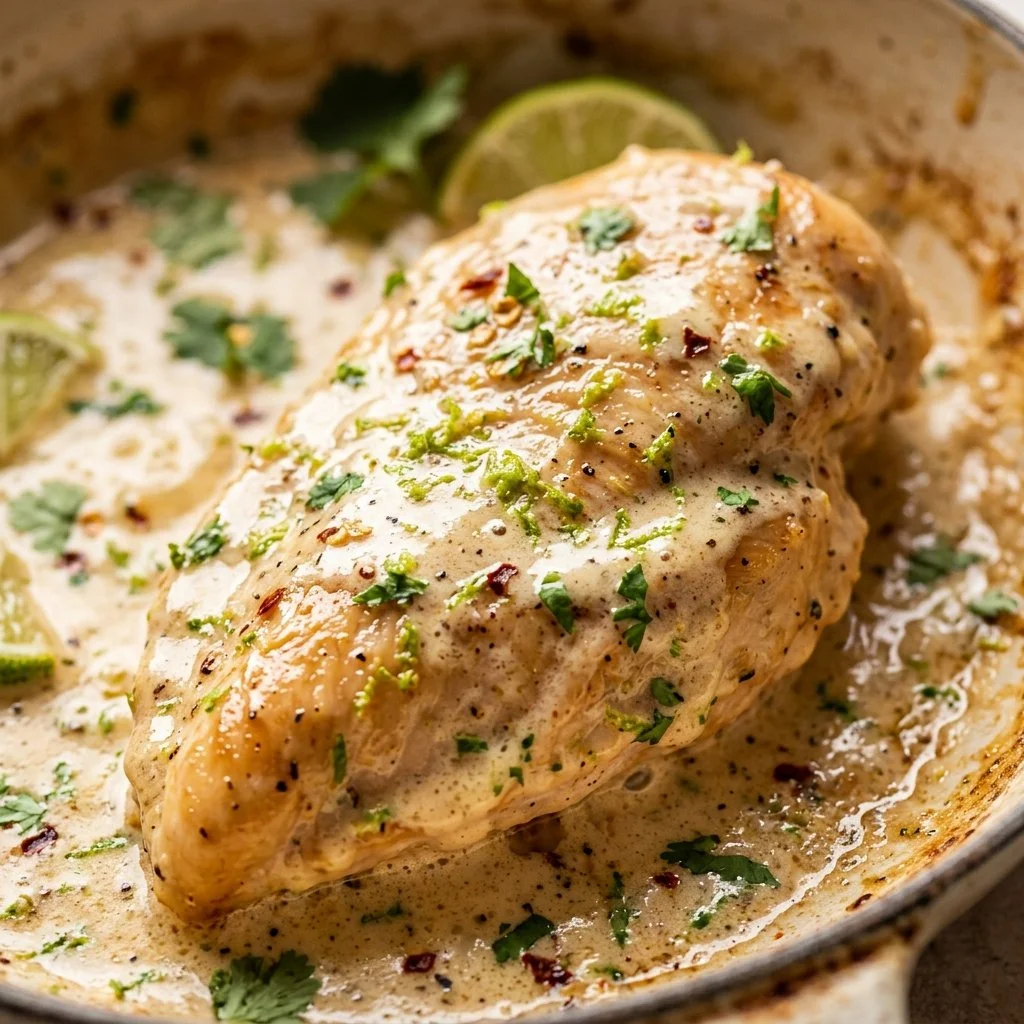 Creamy Coconut Lime Chicken dish served in a pan with lime and coconut garnish