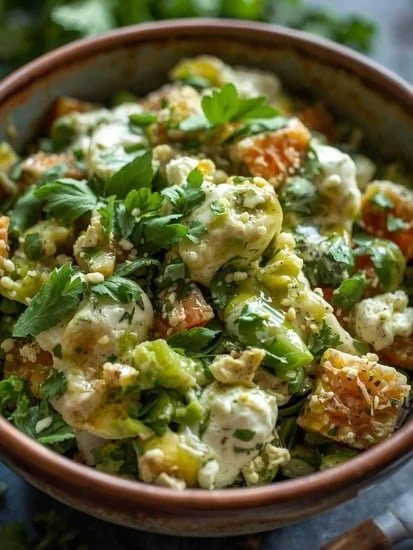 Creamy Cottage Cheese Green Goddess Bowl topped with fresh herbs and vegetables