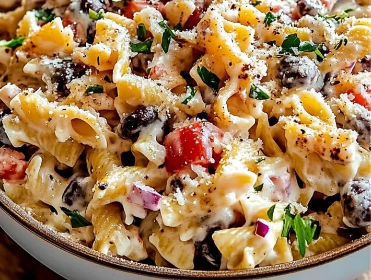 Creamy cowboy pasta salad served in a colorful bowl with fresh ingredients