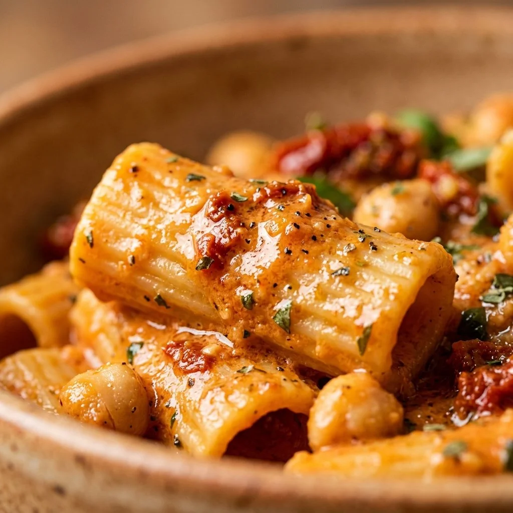 Creamy sun-dried tomato chickpea pasta dish garnished with herbs