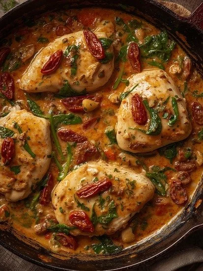 Creamy Tuscan chicken skillet meal served with colorful vegetables