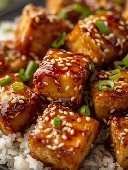 Crispy air fryer tofu with hot honey glaze served on a plate