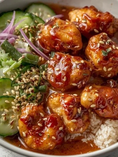 Crispy chicken bowls with hot honey and cucumber salad served in a bowl