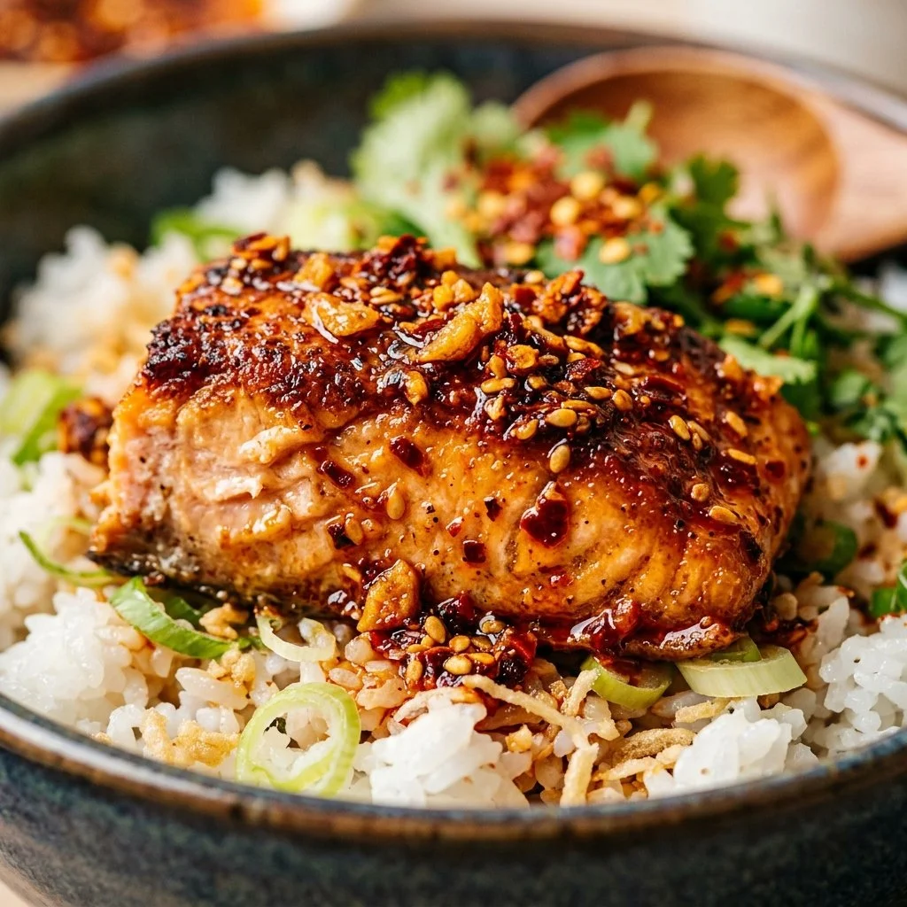 Crispy chili salmon bowls topped with fresh vegetables and spicy sauce