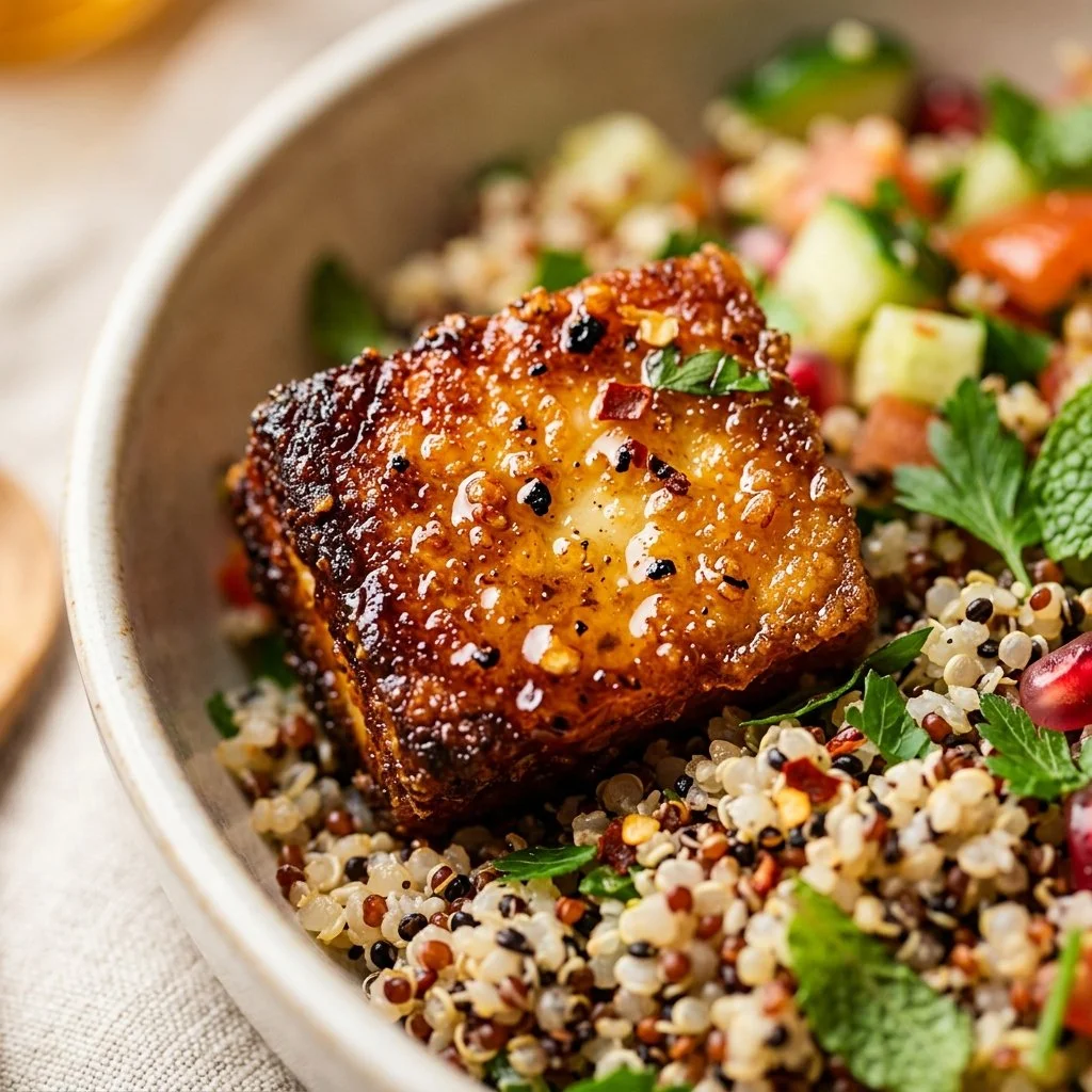 Crispy Hot Honey Halloumi served in a vibrant quinoa bowl with fresh ingredients.