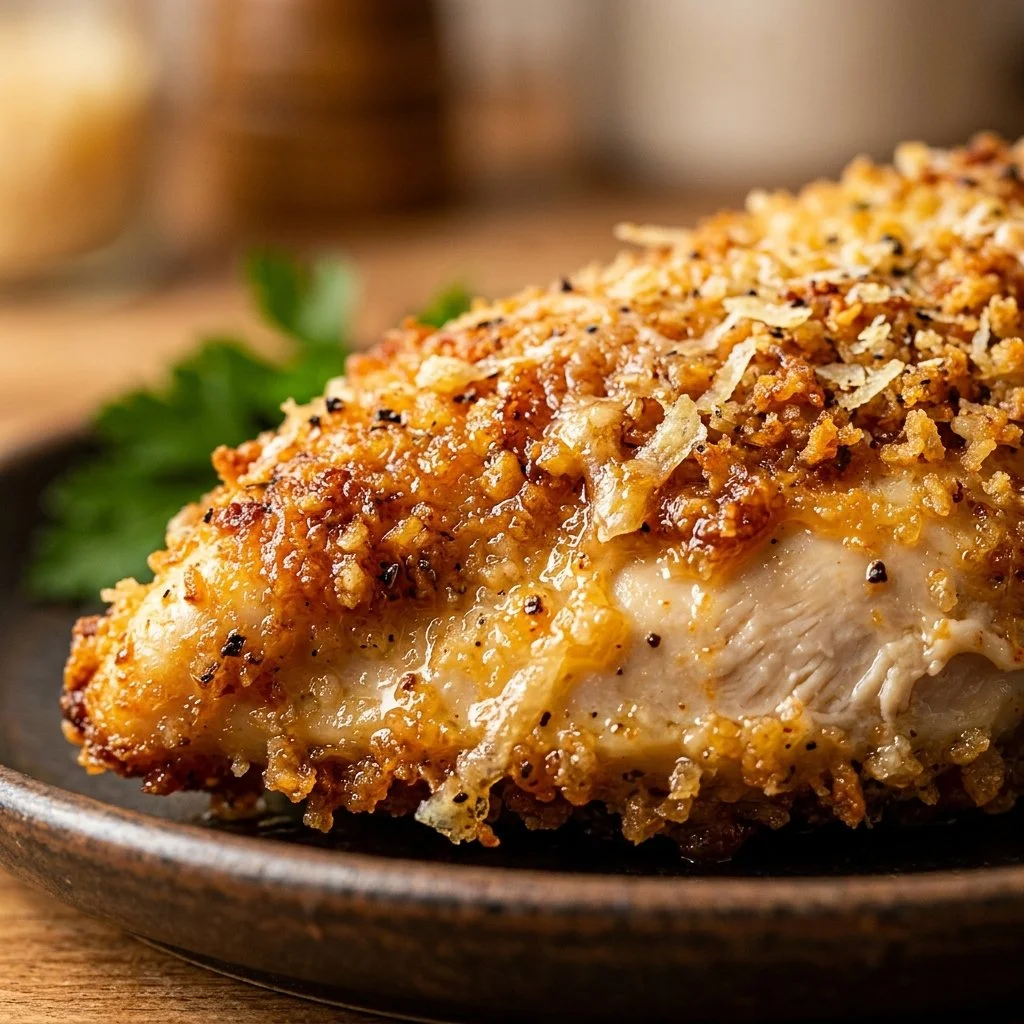 Crispy Parmesan Crusted Chicken Breast served on a plate with herbs