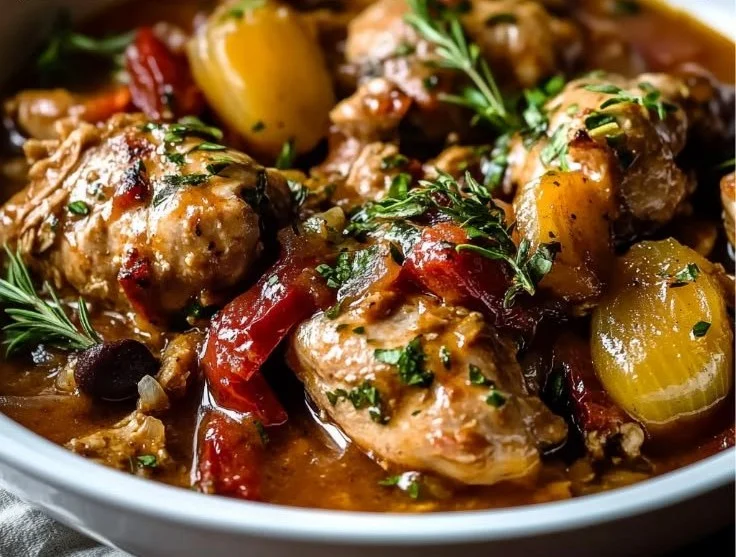 Delicious Crock Pot Chicken Scarpariello served with vegetables and herbs