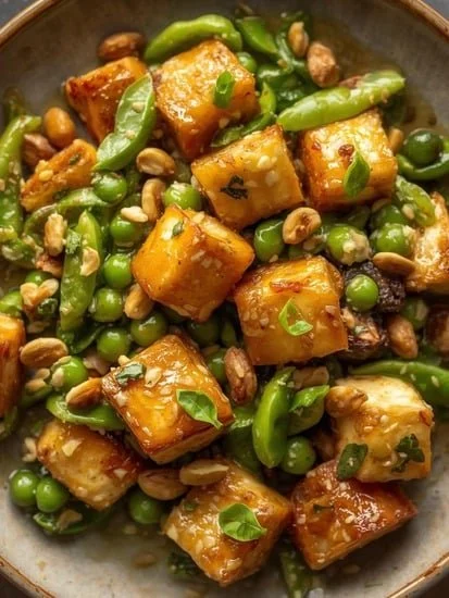 Crunchy Peanut Tofu and Edamame Salad in a vibrant bowl