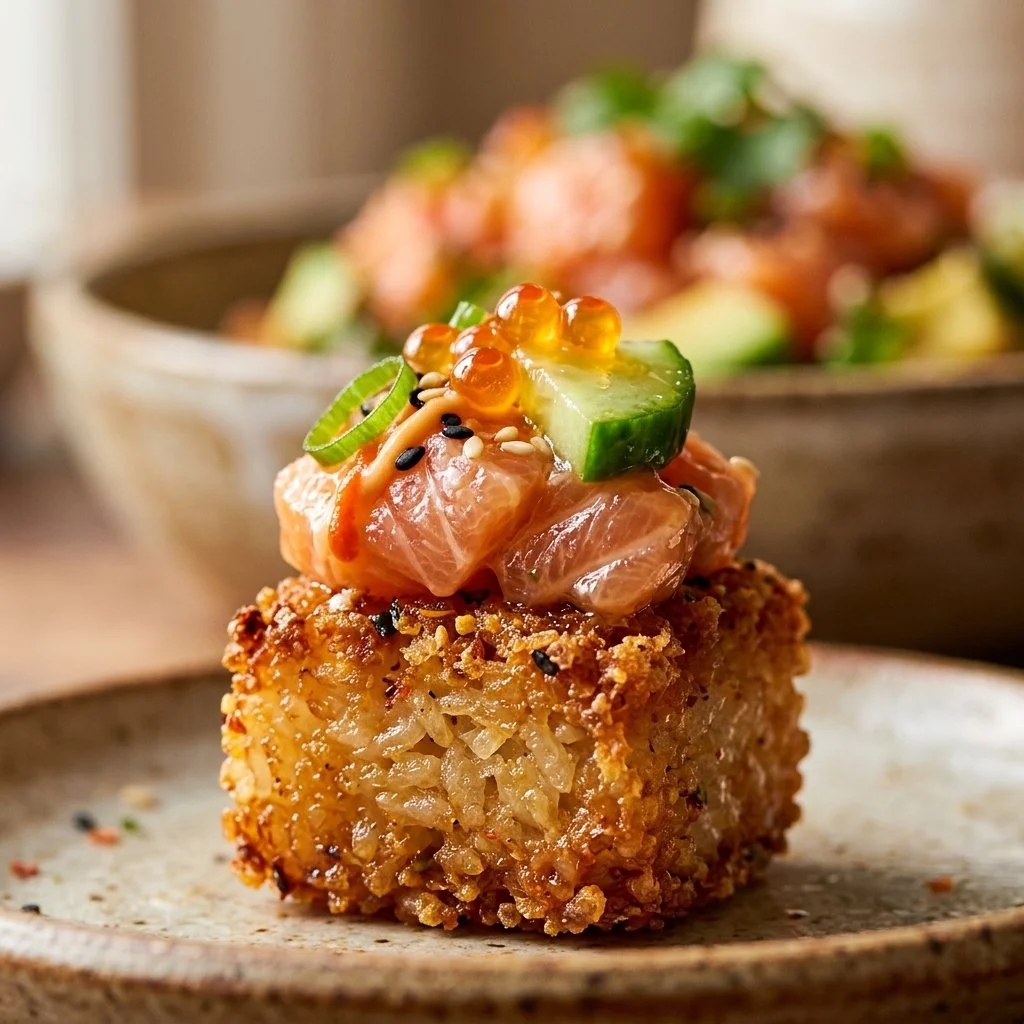 Cucumber and Salmon Crispy Rice Salad garnished with fresh herbs and vegetables.