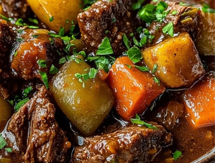Delicious easy crockpot beef stew in a bowl with fresh vegetables and herbs