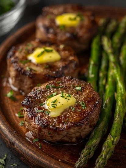 Delicious Garlic Butter Steak Bites served with fresh Asparagus