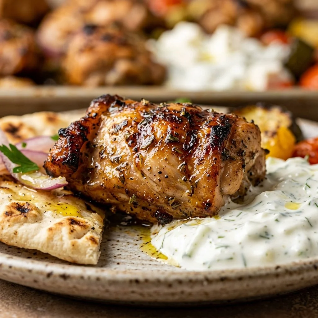 Sheet pan Greek chicken gyro plate with fresh vegetables and pita