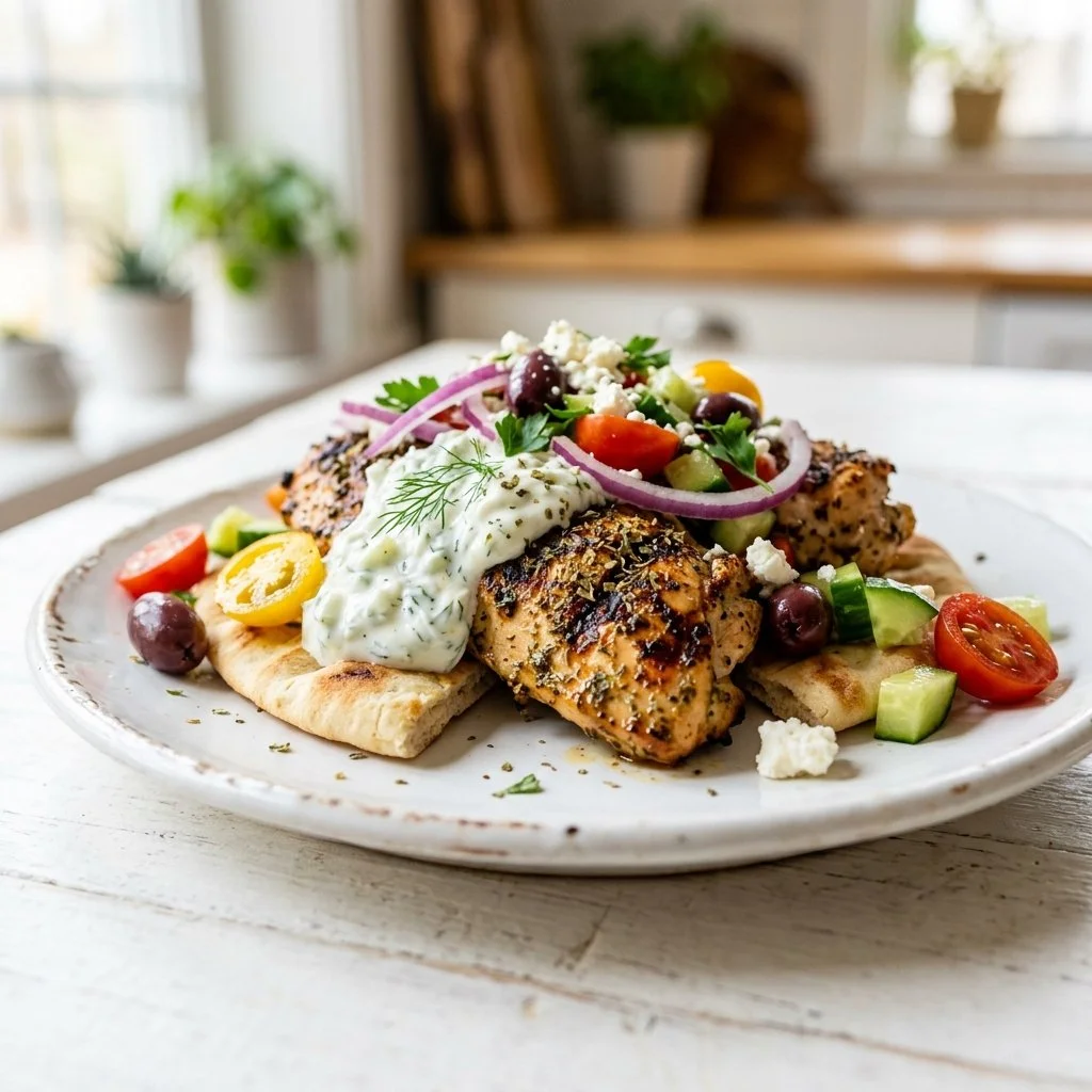 Greek Chicken Gyro Plate on a Sheet Pan