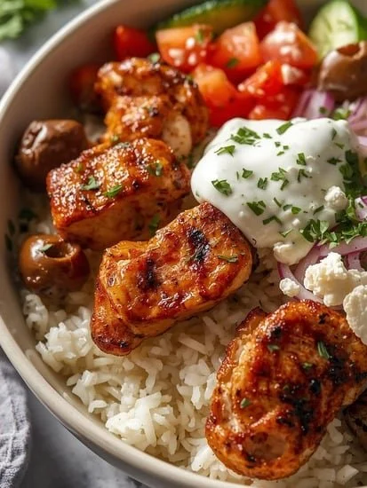 Delicious Greek Chicken Souvlaki Bowls with Tzatziki sauce