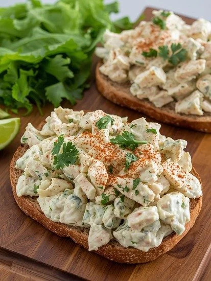 Greek yogurt chicken salad sandwiches with fresh ingredients and herbs