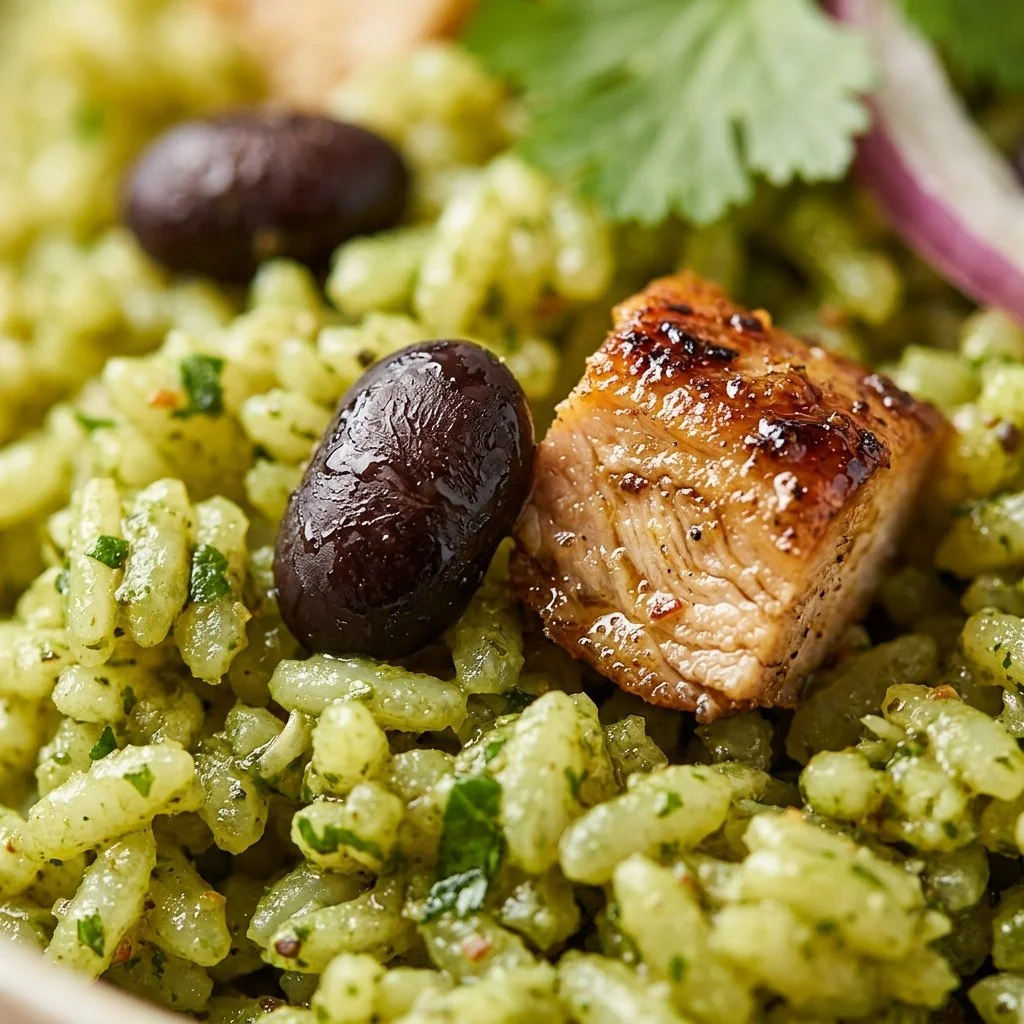 Green Rice and Black Bean Protein Bowl with fresh ingredients