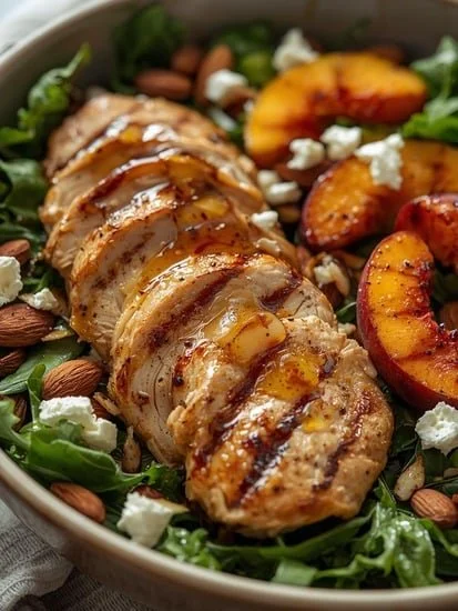 Grilled peach chicken salad with hot honey and fresh ingredients for summer