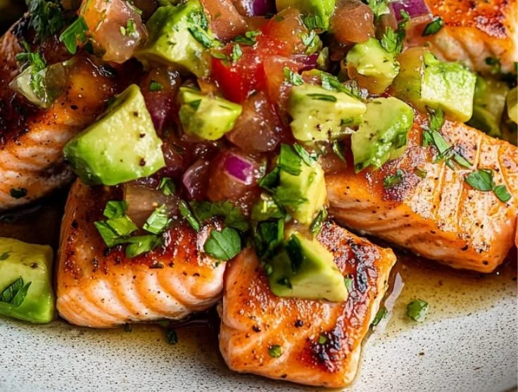 Grilled salmon fillet topped with fresh avocado salsa on a plate.